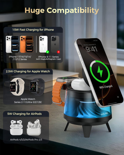 UZLNL 3 in 1 Wireless Charging Station for Apple Devices,Mag-Safe Charger Stand,Magnetic Wireless Charger Station,RGB Ambient Light,for iPhone 17 Pro Max 16 15 14 13 12,AirPods & Apple Watch Series
