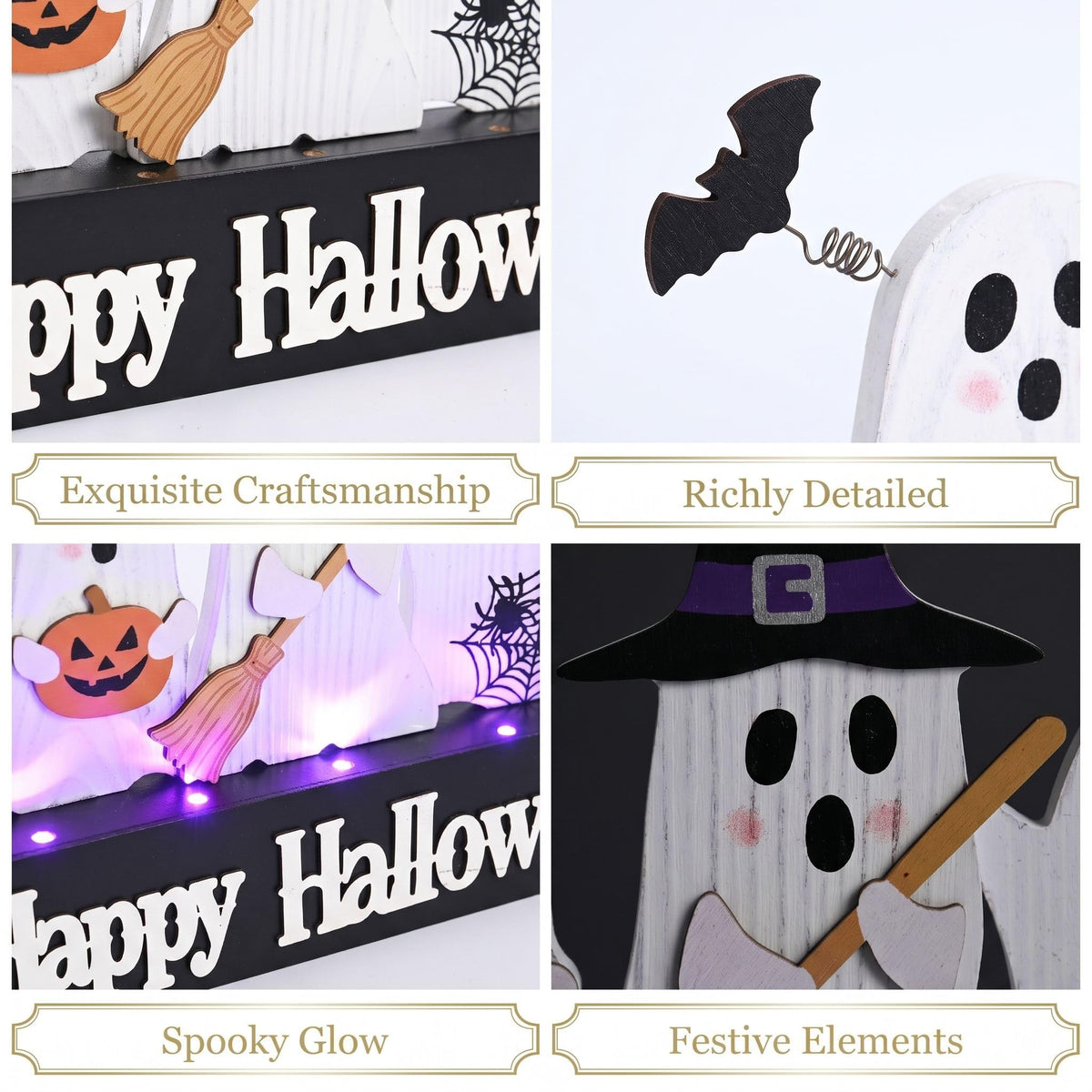 Valery Madelyn Halloween Decorations with Purple LED Lights, Lighted Halloween Ghost Decor, Tabletop Sign with Witch Hat Broom Bats Jack O Lantern for Home Party Indoor, 12 Inch
