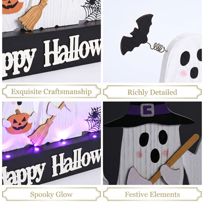 Valery Madelyn Halloween Decorations with Purple LED Lights, Lighted Halloween Ghost Decor, Tabletop Sign with Witch Hat Broom Bats Jack O Lantern for Home Party Indoor, 12 Inch