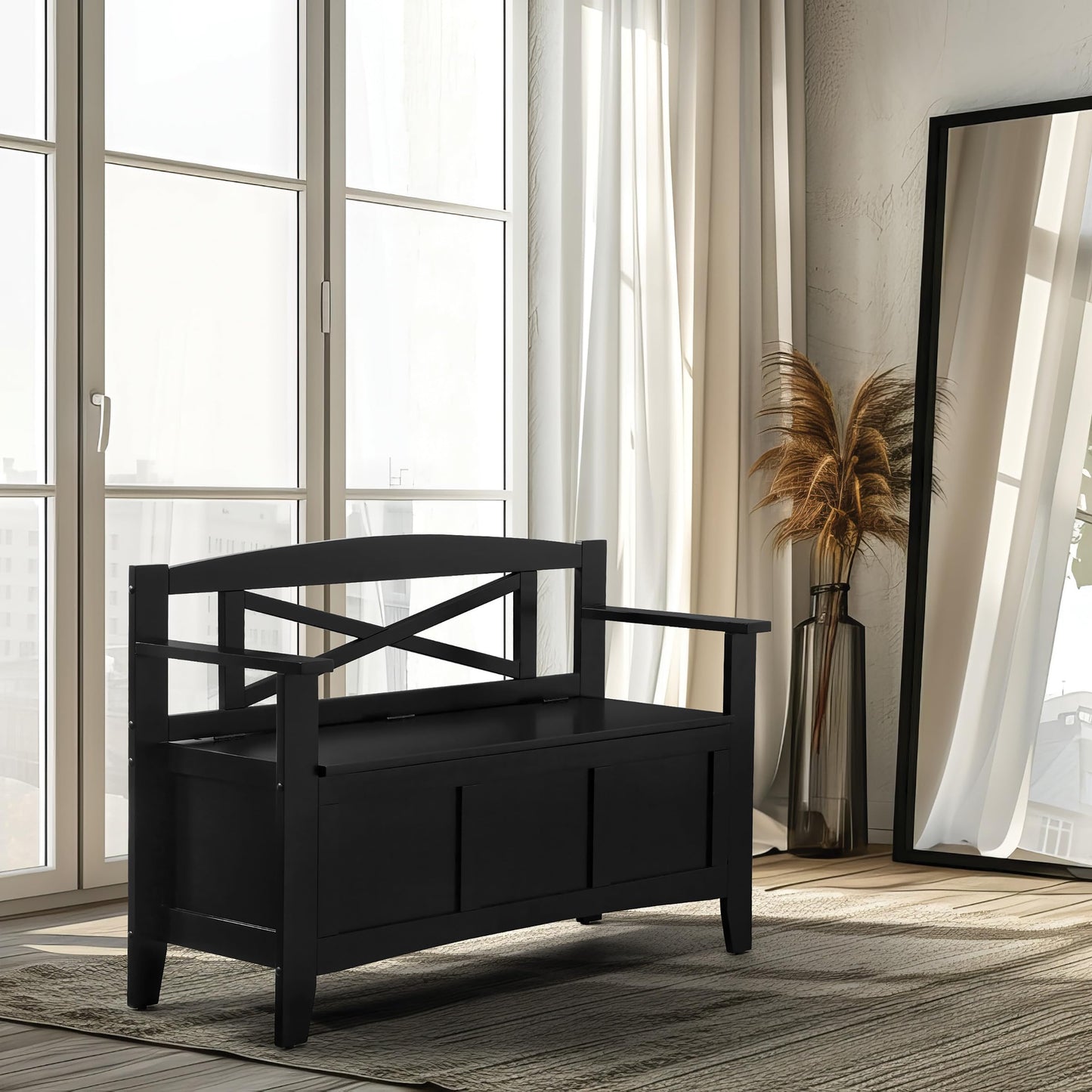 OSP Home Furnishings Metro X-Back Style Wood Entry Way Bench with Storage, Black finish