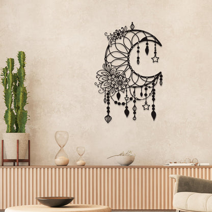 Xedatric Matte Black Moon Phase Wall Decor–Elegant Metal Moon Wall Art with Floral & Hanging Stars–Celestial Bedroom Decor for Indoor & Outdoor