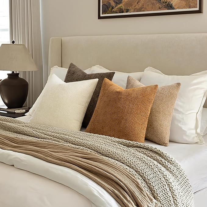 MIULEE Pack of 4 Brown Couch Throw Pillow Covers 16x16 Inch Soft Decorative Chenille Pillows Farmhouse Accent Cushions for Boho Home Decor Spring Sofa Bedroom Living Room