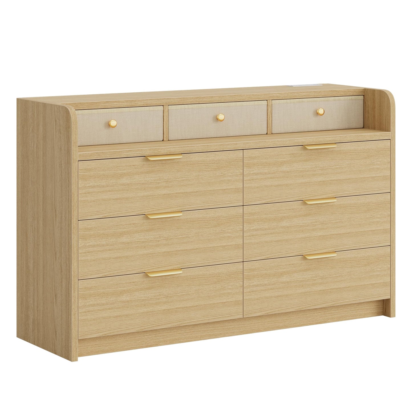 MapleGrace 53'' Wide 9 Drawer Dresser for Bedroom, Wood TV Stand Dresser with Power Outlets & LED Light, Chest of Drawers Closet Store Organizer for Living Room, Hallway, Light Oak