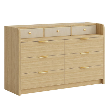 MapleGrace 53'' Wide 9 Drawer Dresser for Bedroom, Wood TV Stand Dresser with Power Outlets & LED Light, Chest of Drawers Closet Store Organizer for Living Room, Hallway, Light Oak