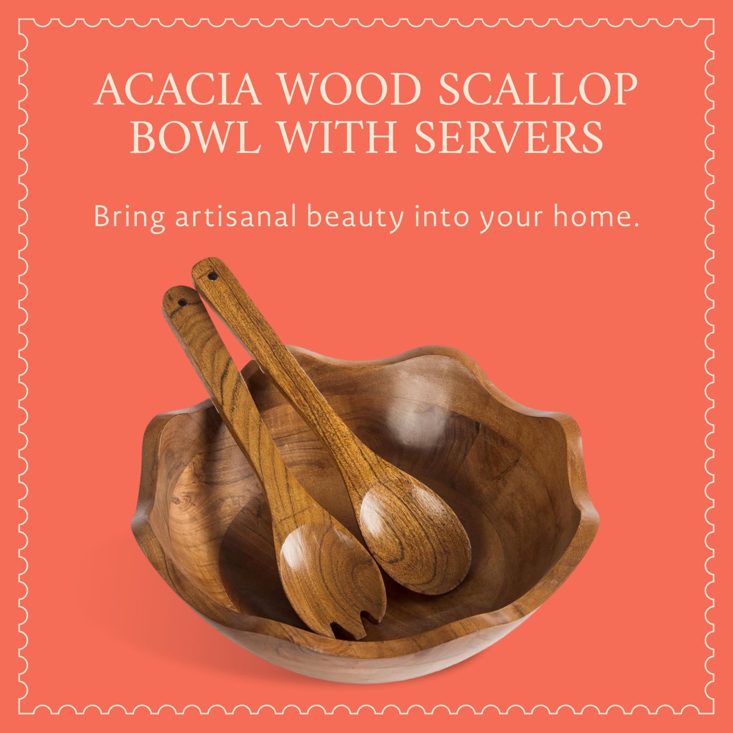 Mela Artisans 12 in Wide x 4 in Tall Scalloped Acacia Wood Salad Bowl with Servers – Decorative Serving and Fruit Bowl with Natural Finish for Kitchen Counter, Pasta, Bread and Home Decor