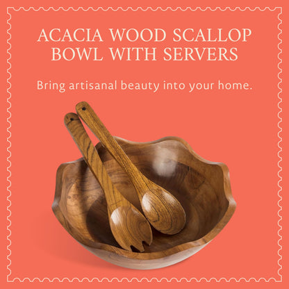 Mela Artisans 12 in Wide x 4 in Tall Scalloped Acacia Wood Salad Bowl with Servers – Decorative Serving and Fruit Bowl with Natural Finish for Kitchen Counter, Pasta, Bread and Home Decor