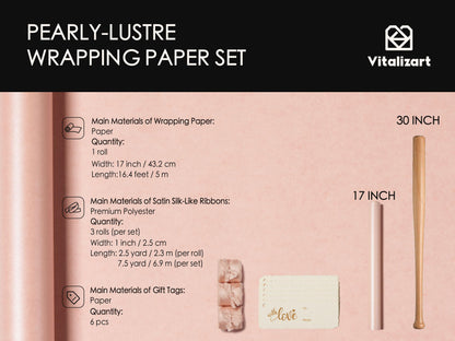 Vitalizart Pink Wrapping Paper Set 17" Pearly-Lustre With Silk Like Satin Ribbon & Gift Tags Recyclable Christmas Gift Wrapping Birthday Baby Shower Wedding Handmade Crafts 197"(16.4 Ft)