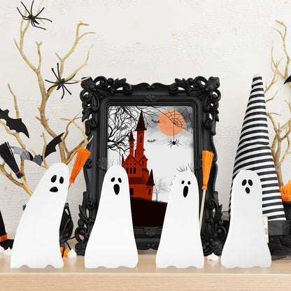 Whaline 7Pcs Halloween Wooden Table Signs Cute Ghost Shape Wooden Cutouts Rustic Tiered Tray Decor for Home Office School Desk Tabletop Decoration