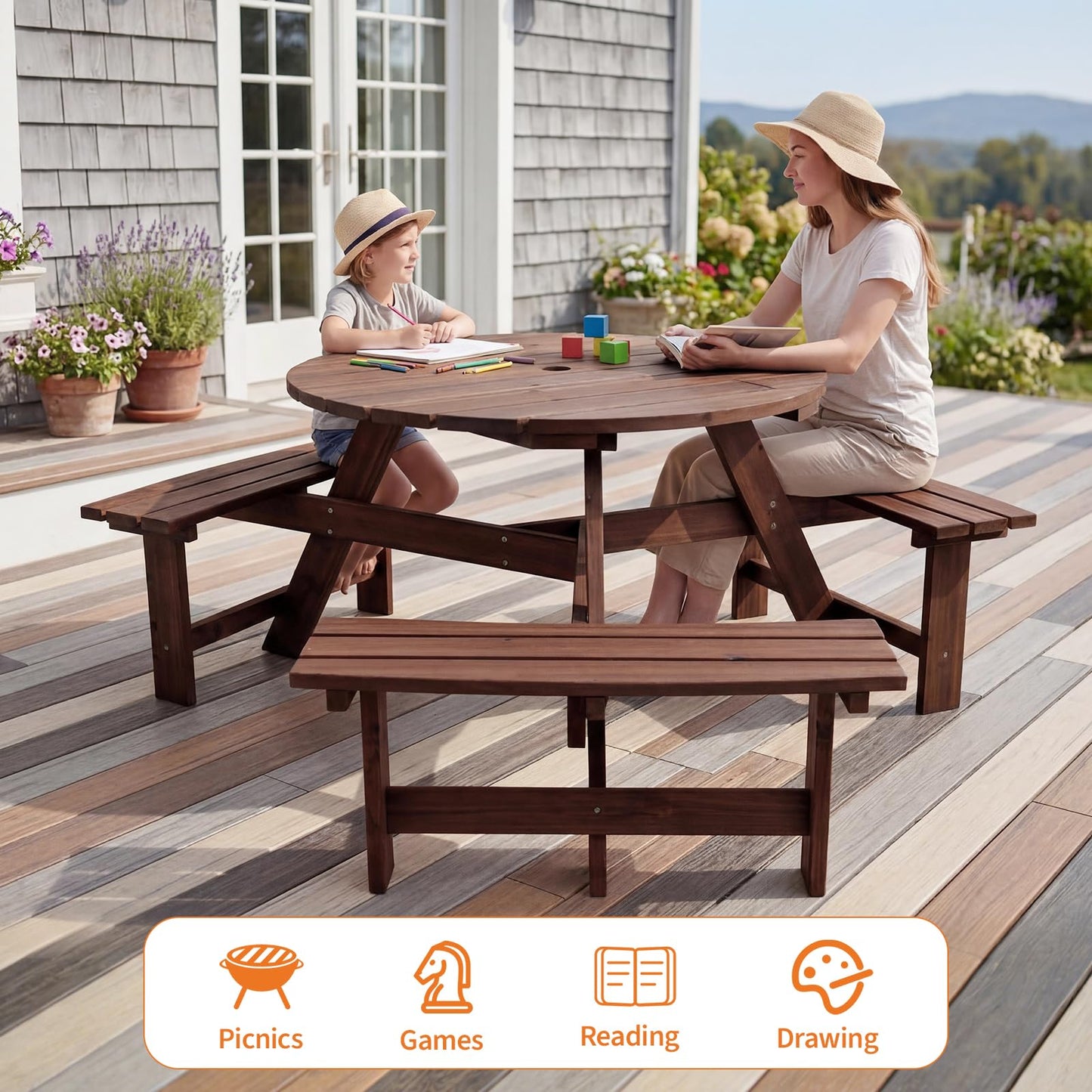 Garvee 6 Person Wooden Picnic Table, Outdoor Picnic Tables with 3 Built-in Benches, Circular Camping Dining Table and Chairs Set with Umbrella Hole for Garden, Patio, Backyard, Walnut Brown