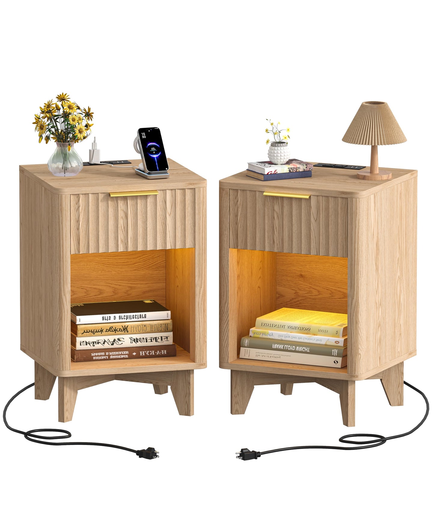 Zeibospri Fluted Nightstand Set of 2, Wooden Night Stand with Charging Station and LED Light, Modern Mid Century End Table with Drawer, Bedside Table for Bedroom, Natural Oak