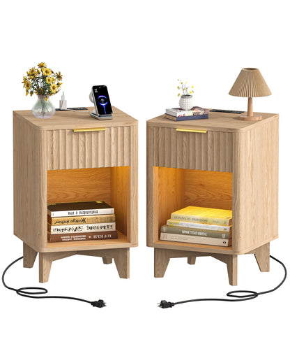 Zeibospri Fluted Nightstand Set of 2, Wooden Night Stand with Charging Station and LED Light, Modern Mid Century End Table with Drawer, Bedside Table for Bedroom, Natural Oak