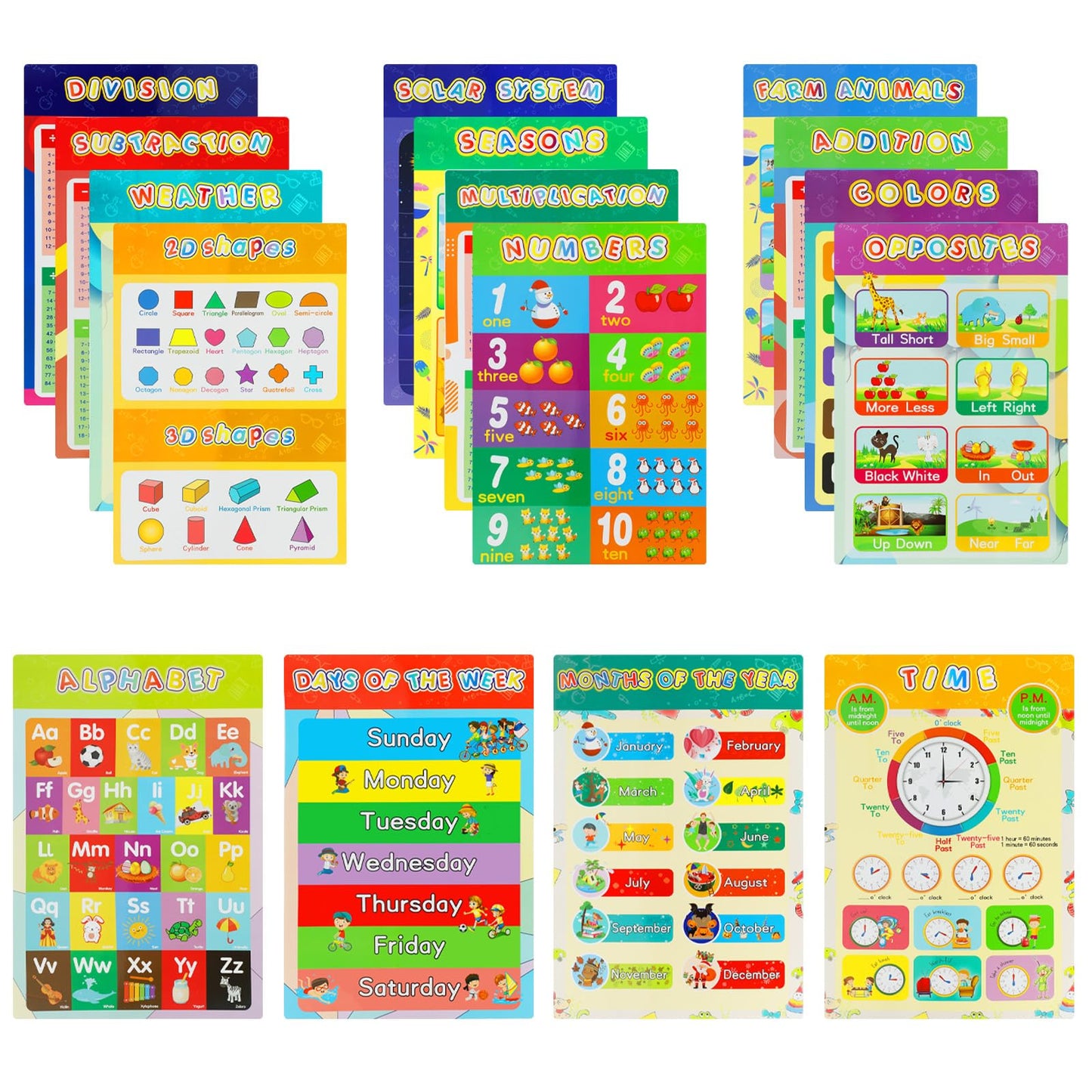 Educational Posters for Elementary Preschool Kindergarten Classroom Learning, Preschool Learning Posters for ABC Alphabet, Time, Number, Months, Colors, Weather, Galaxies , Animals, More, 16.5x11 Inch (16P)