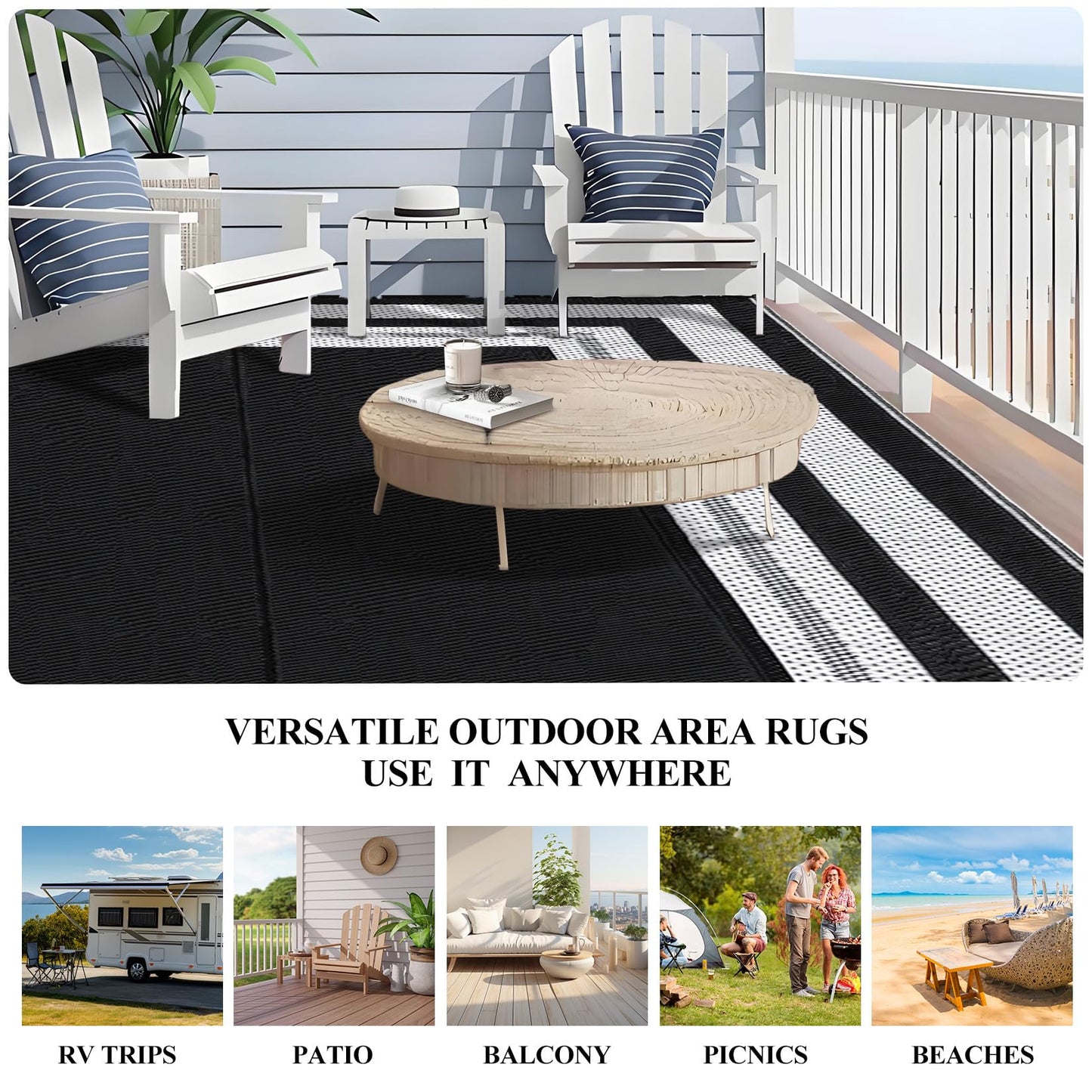 Garvee 9x12 Outdoor Rug for Patio Plastic Straw Rug Waterproof Reversible Mat Lightweight Foldable Carpet Easy Clean Large Rugs for Patio Porch Backyard Camping RV Beach Balcony Deck Panel White