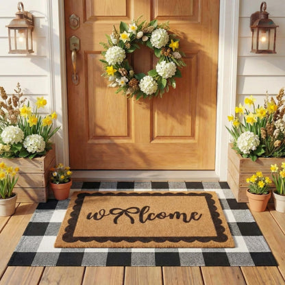 Klyyo Clyro 2 Pcs Bow Welcome Front Door Mats Combo Set Coco Coir Welcome Doormat 27.5''x43'' Layered Buffalo Black White Striped Rug Extra Thick Nonslip Backing for Outdoor Porch Entryway Decor