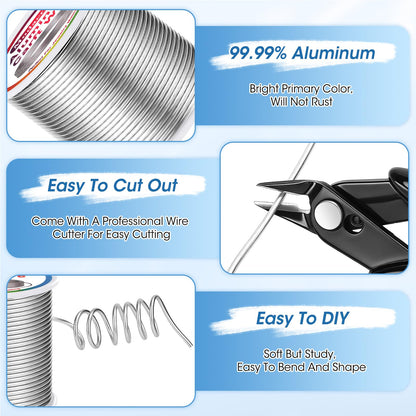 Modacraft 12 Gauge Aluminum Wire - 100 Ft 2mm Bendable Metal Craft Wire with Micro Flush Cutter for Sculpting, Jewelry Making, Floral Design, Doll Making, Bonsai Training, and DIY Crafts