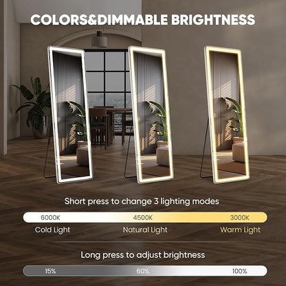 OLIXIS 16"x 60" LED Full Length Mirror with Lights, Standing Lighted Floor Full Body Mirror with 3 Color Lighting, Wall Mounted Mirrors for Bedroom, Bathroom, Entryway with Tempered Glass