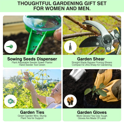 Natury Garden Tools Set – Premium Stainless Steel Gardening Hand Tools with Solid Beechwood Handle – Gardening Kit with Rake, Shovel, Gloves, Shears, Tool Organizer – Garden Gifts for Women and Men