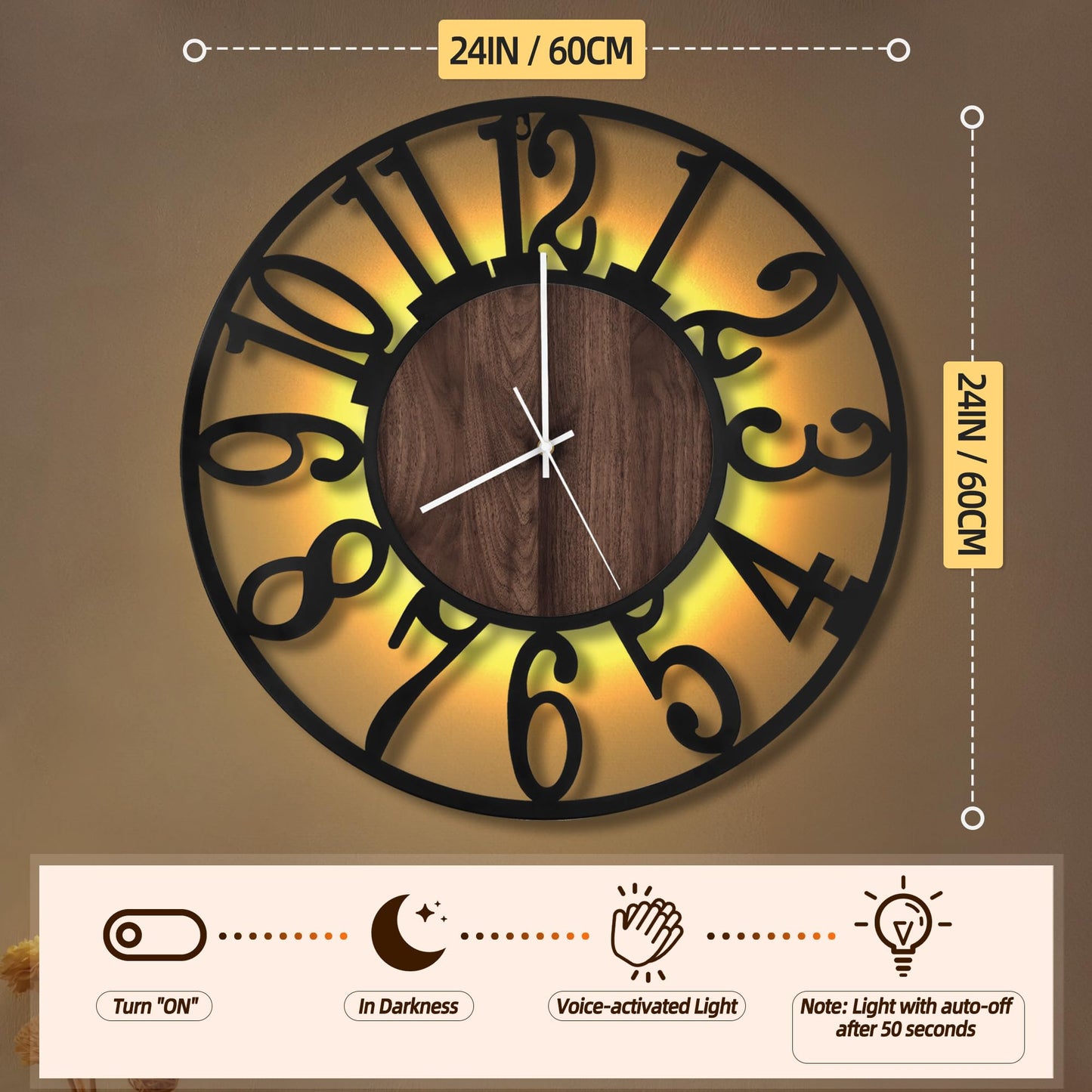 LEIKE Large LED Wall Clocks,Silent,Non Ticking,Battery Operated Rustic Round Modern Big Wood Wall Clock for Living Room, Bedroom,Kitchen,Farmhouse,Office,Home Decor -24" Black,LED,Arabic Number