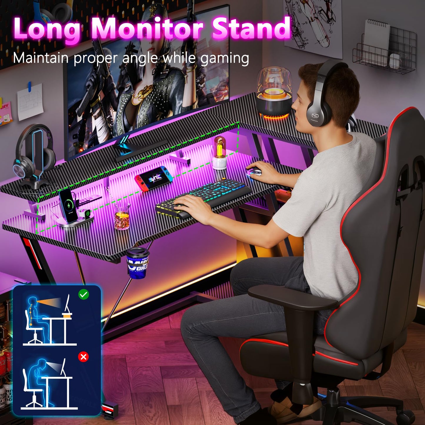 Korfile 40 Inch Gaming Desk with Power Outlet & LED Lights, L Shaped Computer Gaming Table with 3 Tiers Storage Shelves, Corner Gamer Desk with Monitor Stand for Small Space, Carbon Fiber Black