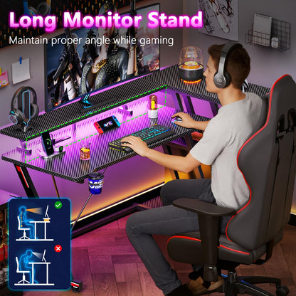 Korfile 40 Inch Gaming Desk with Power Outlet & LED Lights, L Shaped Computer Gaming Table with 3 Tiers Storage Shelves, Corner Gamer Desk with Monitor Stand for Small Space, Carbon Fiber Black