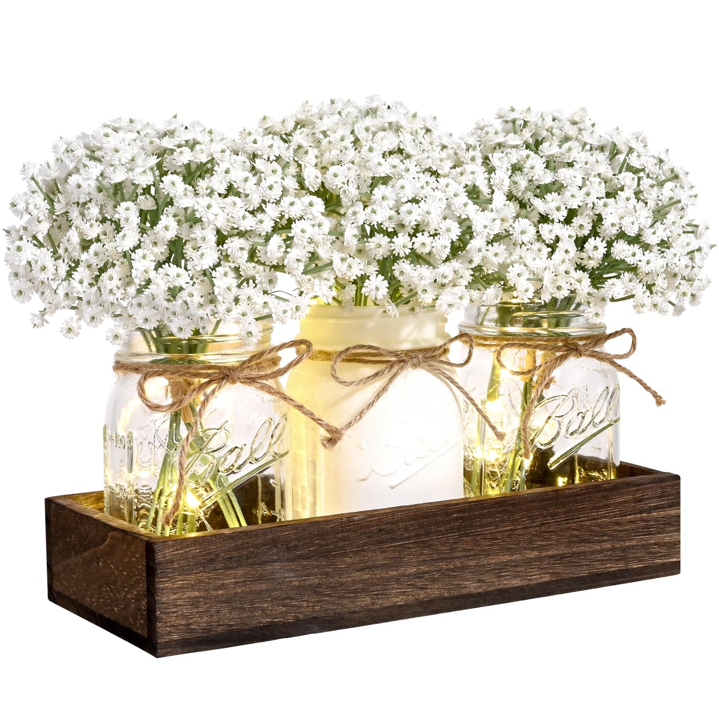 BLEUM CADE Mason Jar Centerpiece Table Decorations, Lights Centerpiece for Kitchen Dining Table Farmhouse Coffee Table Wedding Home Decor with 3 Jars Babys Breath Artificial Flowers & Wood Tray