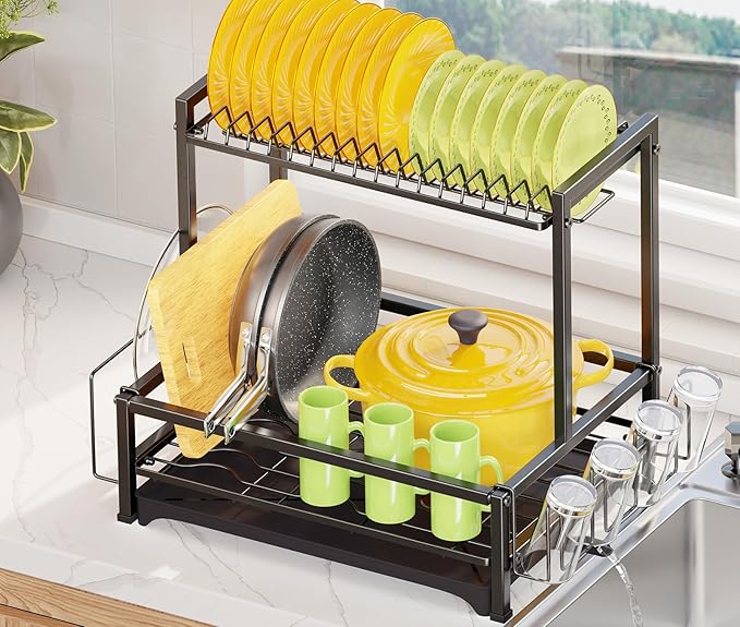 Simple Trending Dish Rack Over the Sink, Dish Drying Rack for Kitchen Counter, 2-Tier Stainless Steel Dish Drainer, Black