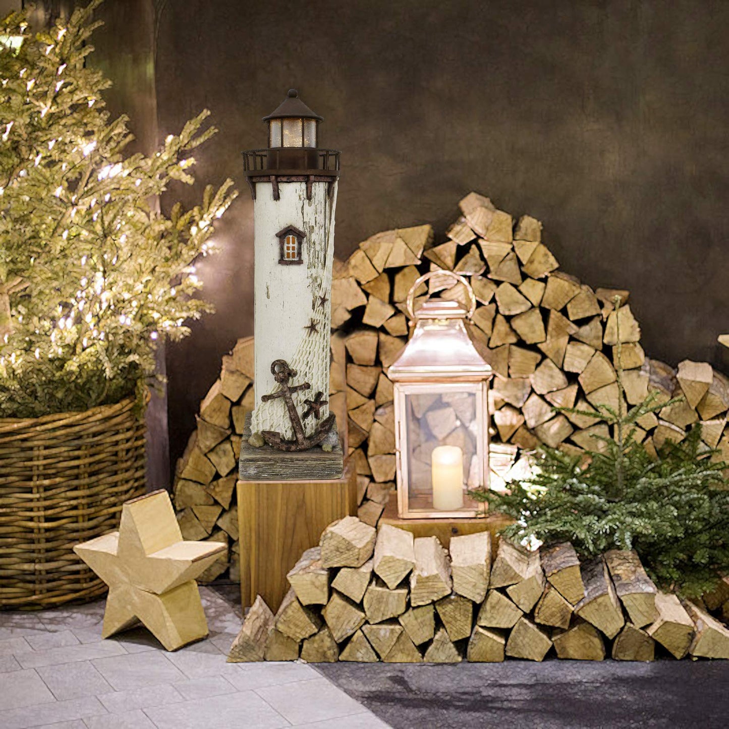 Wooden Lighthouse Decor with Light, Decorative Nautical Lighthouse Nightlight Rustic Ocean Sea Beach Themed Lighthouse Decoration