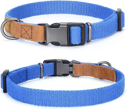 Mile High Life Genuine Leather Dog Collar, Soft Cotton Pet Collars with Heavy Metal Buckle for Small Large Dogs (Blue, M Neck 15"-18")
