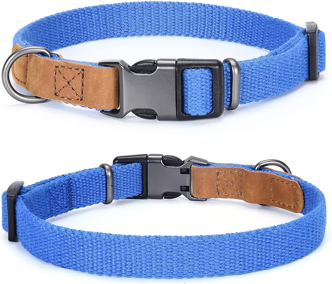 Mile High Life Genuine Leather Dog Collar, Soft Cotton Pet Collars with Heavy Metal Buckle for Small Large Dogs (Blue, L Neck 17"-21")