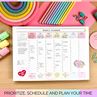 Weekly Hourly Planner Notepad, Daily Planner Desk Pad, Weekly Schedule, To Do List Note Pad, ADHD Planner | 50 Undated Tear Away Sheets | A4 (Rainbow)