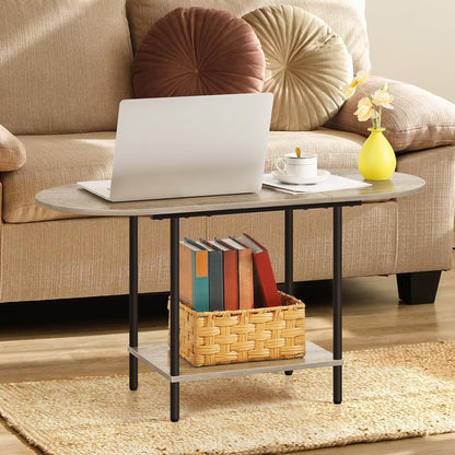 OYEAL Coffee Tables for Living Room 2-Tier Small Oval Table with Storage Shelf Mid Century Round Center Table for Display, Small Space,Home Office, Rustic Grey