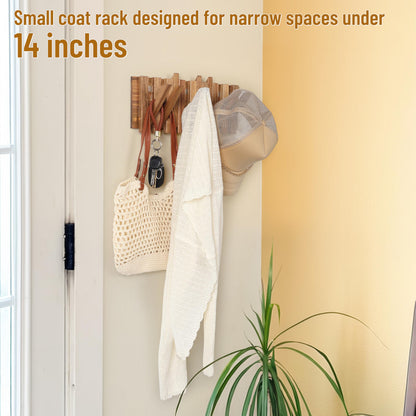 KYIAANY Small Coat Rack for Apartment: 13.2Inch Wood Rustic 8 Hooks Wall Mount Retractable for Narrow Spaces Entryway Bathroom for Hanging Light Items Jacket Towel Dog Leash Bag