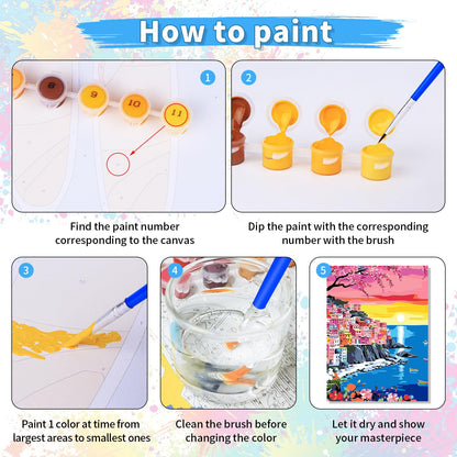 6 Pack DIY Paint by Number Kit for Adults - Mediterranean Coastal Scenery Oil Painting Set, 12x16 Inch Canvas (No Frame), 18 Vivid Acrylic Paints - Stress Relief Art Craft for Home Decor & Gifts