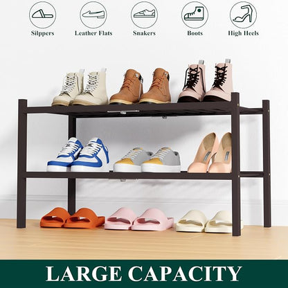 Smiry Bamboo Shoe Rack, 2 Tier Free Standing Wooden Shoe Organizer, Stackable Wood Shoe Storage Shelf for Closet, Entryway, 14 Vertical Slats, One-piece Heavy-Duty Legs, 26.8"x11"x13", Brown