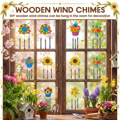 Leinuosen 30 Pcs Wind Chime Kit Sunflower Wooden Wind Chimes Decorative Sunflower Windchimes Hanging Dragonfly DIY Crafts for Indoor Outdoor Garden Home Patio Party Crafts Decorations