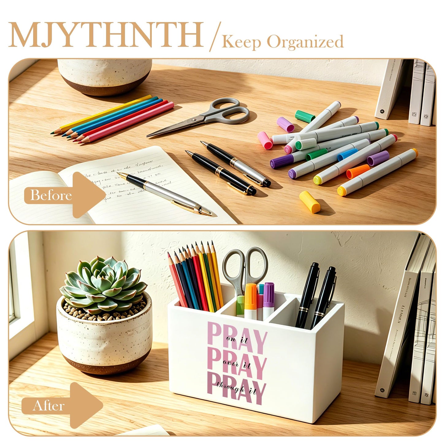 MJYTHNTH Pink Inspirational Bible Verse Pencil Pen Holder for Desk, Christian Gifts for Women, Pray on Over Through It Wooden Box Sign Pen Holder Organizer for Home Office Desk Accessories