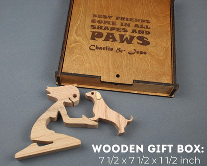 Wooden Girl & Dachshund Dog Statue Natural or Dark-Aged Oak Figurine Handcrafted Woman & Dachshund Dog Collectible Sculpture Personalized Engraved Gift Box Wooden Animal Ornament Rustic Oak Statue