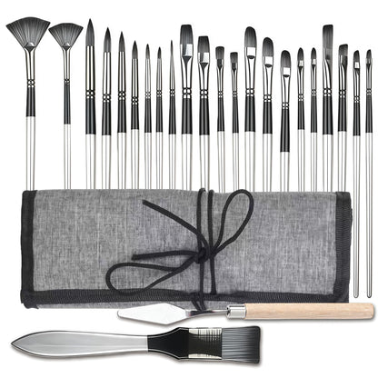 CllyCnny 25pcs Paint Brush Set, Professional Artist Paint Brushes for Acrylic Painting, Oil, Watercolor, Gouache, with Paint Spatula and Cloth Roll - Art Supplies for Artists and Beginners