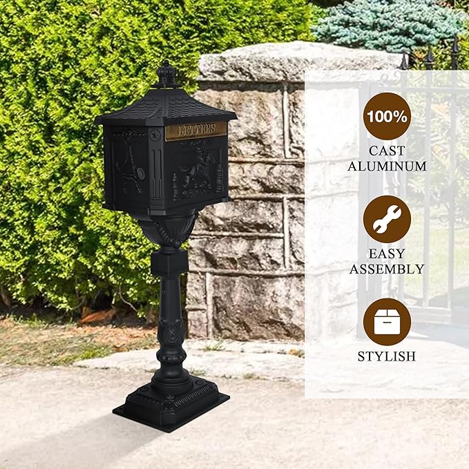 Mailbox, Heavy Duty Cast Aluminum Postal Box, Mail Box with 2 Keys for Courtyard Villa Decoration - Black