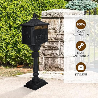 Mailbox, Heavy Duty Cast Aluminum Postal Box, Mail Box with 2 Keys for Courtyard Villa Decoration - Black