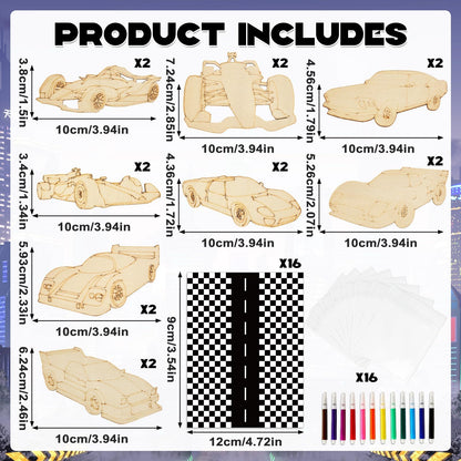 gisgfim 16 Sets Race Car Wooden Painting Kit Race Car Party Favors Wood Painting Crafts Bulk Racing Cards Creative Art Craft Set Thank You for Coming Gifts for Kids Boys Girls Birthday Party Supplies