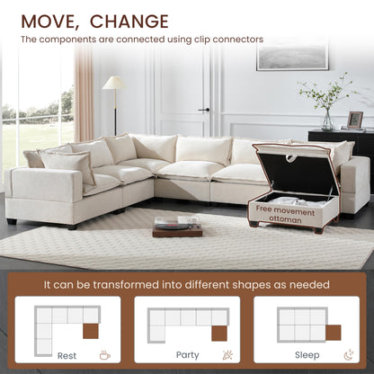 Merax Modern U-Shaped Modular Couch Set with Storage Ottoman, Chenille 7-Seat Sectional Sofa Sleeper Bed with Wide Seat for Living Room, Free Combination,Off White
