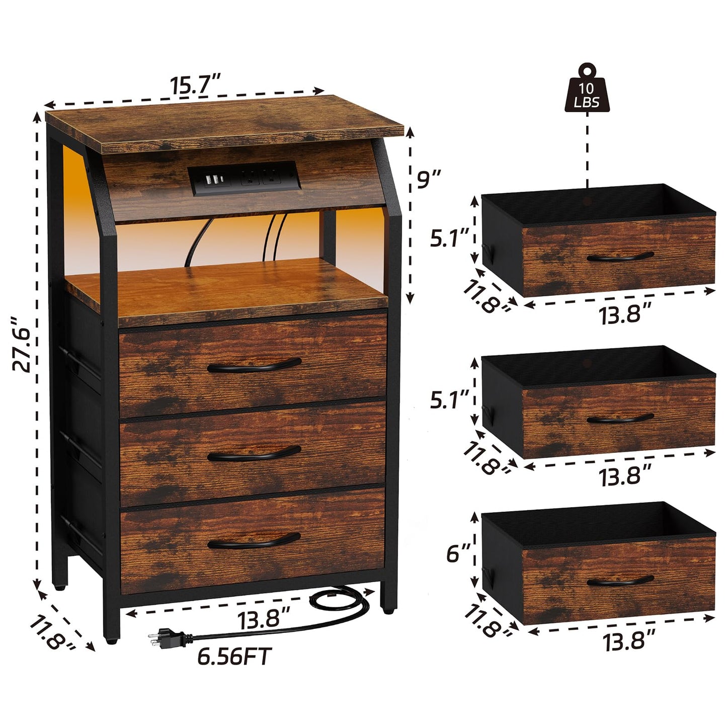 SZLHANJZ End Table with Charging Station, Nightstand with LED Lights and 3 Drawers, Small Night Stand with Fabric Storage, Retro Side Table for Bedside, Living Room Dorm, Rustic Brown