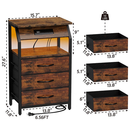 SZLHANJZ End Table with Charging Station, Nightstand with LED Lights and 3 Drawers, Small Night Stand with Fabric Storage, Retro Side Table for Bedside, Living Room Dorm, Rustic Brown