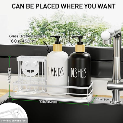 Moforoco Kitchen Dish Soap Dispenser Set, 16OZ Glass Bottle, Hand and Dish Soap