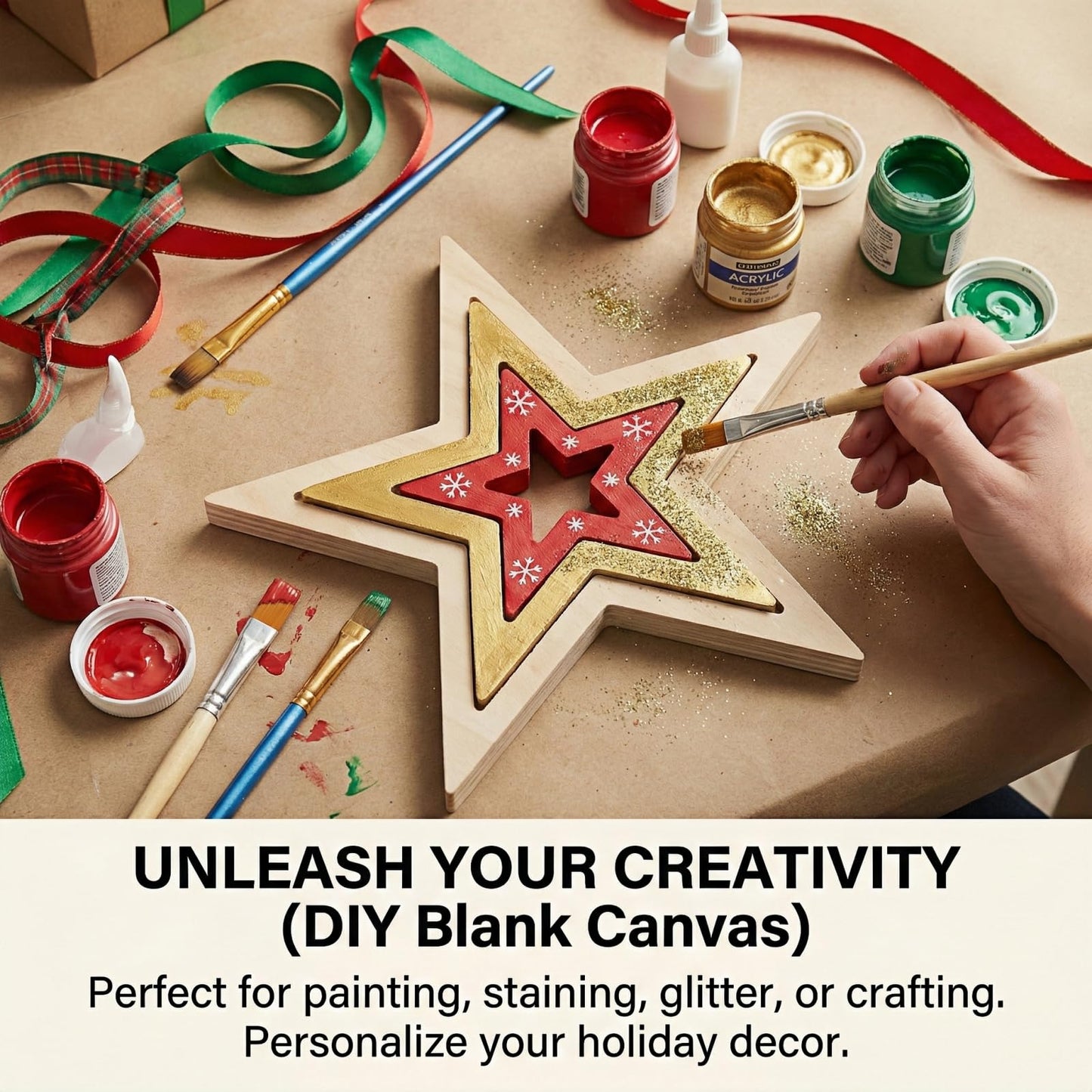 9.7 Inch Wooden Star Decor – Rustic Farmhouse Table Centerpiece, Natural Wood Nested Sign for Mantel, Shelf, Office, Kitchen, Holiday Decorations