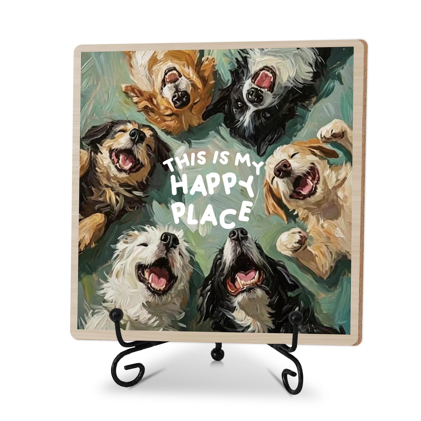 This Is My Happy Place Wooden Sign With Stand, Home Farmhouse Desk Table Decor, Inspirational Plaque Gifts For Dogs Lover Owner, Puppy Dogs Office Desk Decor For Shelf, 04