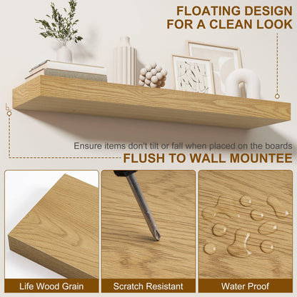 Fun Memories 55 Inch Fireplace Mantel - Long Floating Shelf, Wall Mounted Farmhouse Display with Invisible Heavy Duty Metal Bracket, Oak