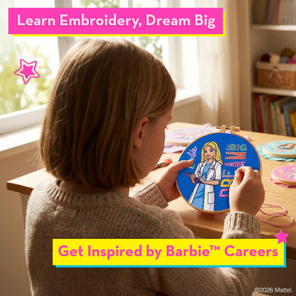 Barbie® Kids Embroidery Kit for Girls Ages 8-12 - Beginner Craft Kit with 8 Designs, 2 Hoops, Thread & Needles - Sewing Arts and Crafts Gift Set