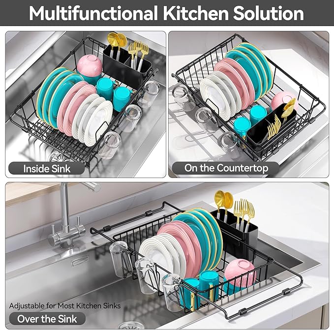 Urackify Dish Drying Rack in Sink, Stainless Steel Expandable Over the Sink Dish Rack with Utensil Holder & Cup Holder, Kitchen Drying Rack for Inside Sink, 15.35" x 11.02" x 4.84", Black